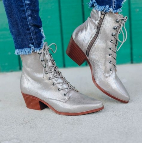 Silver Lace-Up Ankle Boots - Picture 1 of 5